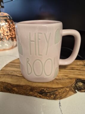 Rae Dunn Pink "HEY BOO" Ghost Ceramic Mug